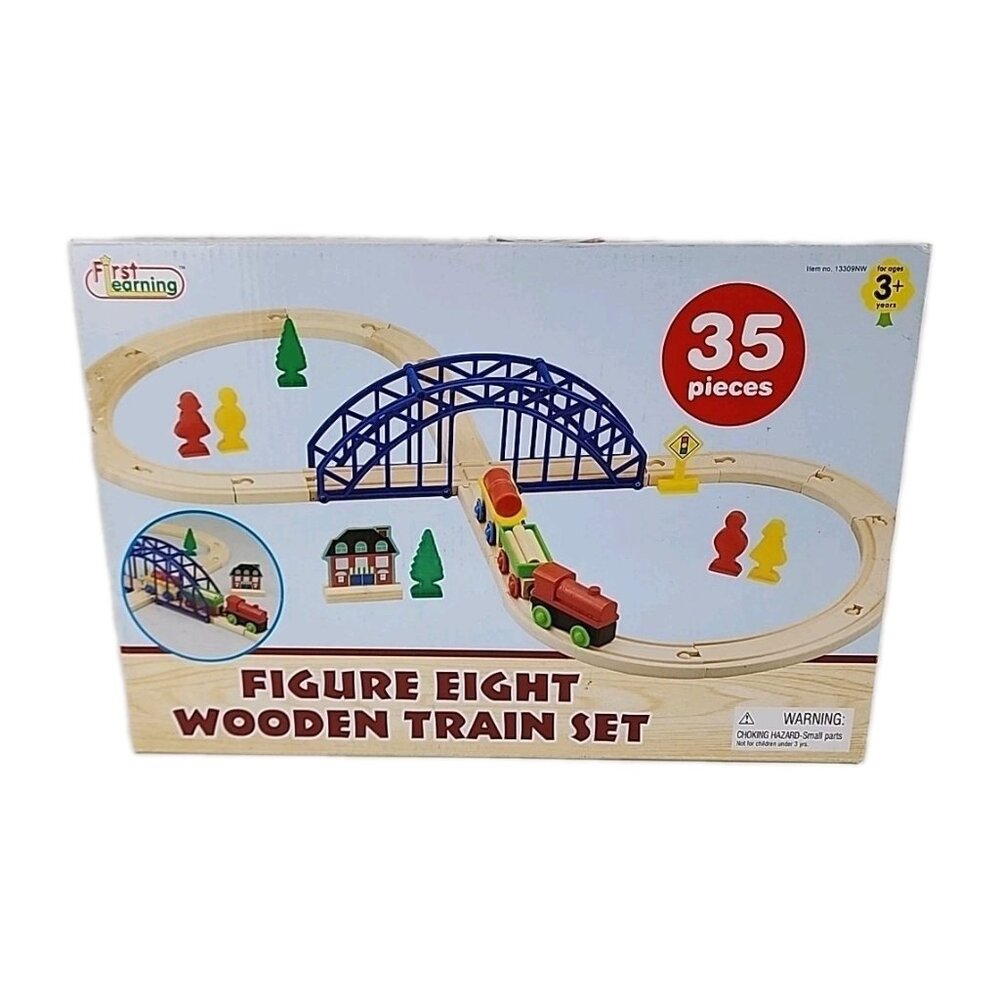 First Learning Wooden Train Set 35 Pc Figure Eight Bridge W/ Bridge Trees